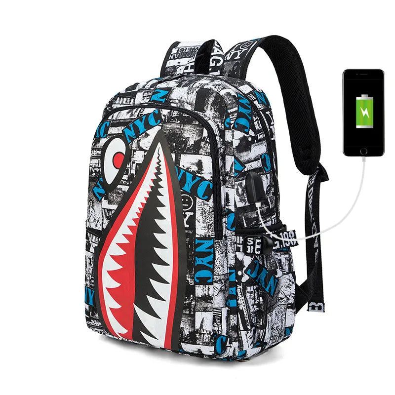A black and white patterned waterproof anti-theft casual travel backpack with a green light attached.