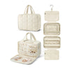 Sac organisateur de maquillage portable beige, montré sous différentes formes, incluant un étui à poser et une pochette ouver