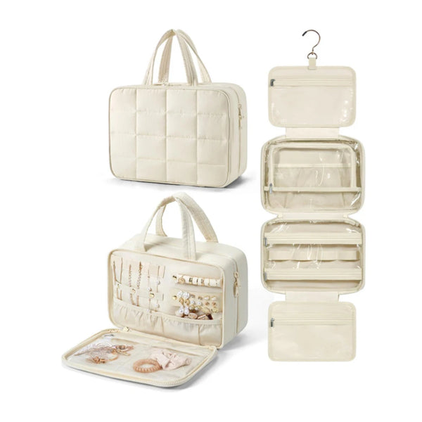 A beige portable hanging cosmetic organizer bag shown in various forms, including a stand-up case and an open clutch.
