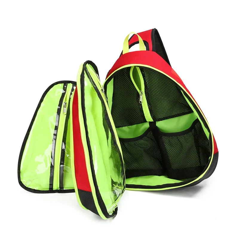 A bright lime green medical crossbody bag for first aid and essentials, shown in a vertical orientation.