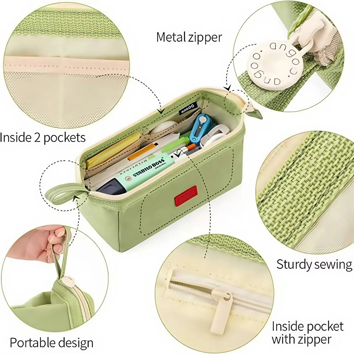 A light green pencil case with a metal zipper, inside pockets, and a label holder, shown from various angles.