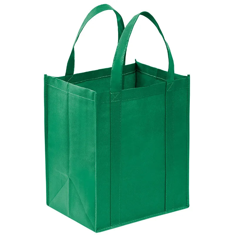 A vibrant green reusable eco-friendly tote bag with handles.