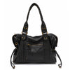 Schwarze Vintage-PU-Leder-Tasche mit goldfarbenem Zier-Hardware und Reißverschlusstaschen.