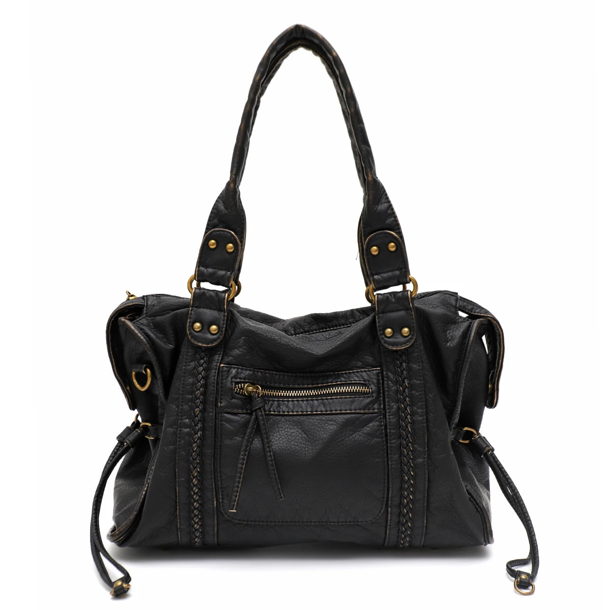 Schwarze Vintage-PU-Leder-Tasche mit goldfarbenem Zier-Hardware und Reißverschlusstaschen.