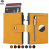 A yellow leather wallet with a zipper compartment and an Airtag slot, next to several credit cards.