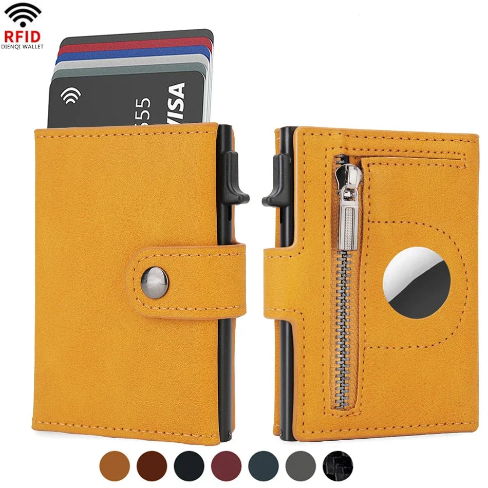 A yellow leather wallet with a zipper compartment and an Airtag slot, next to several credit cards.