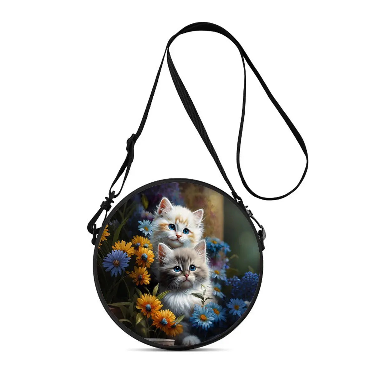 A round black crossbody bag featuring a cartoon cat design with blue and white fur.