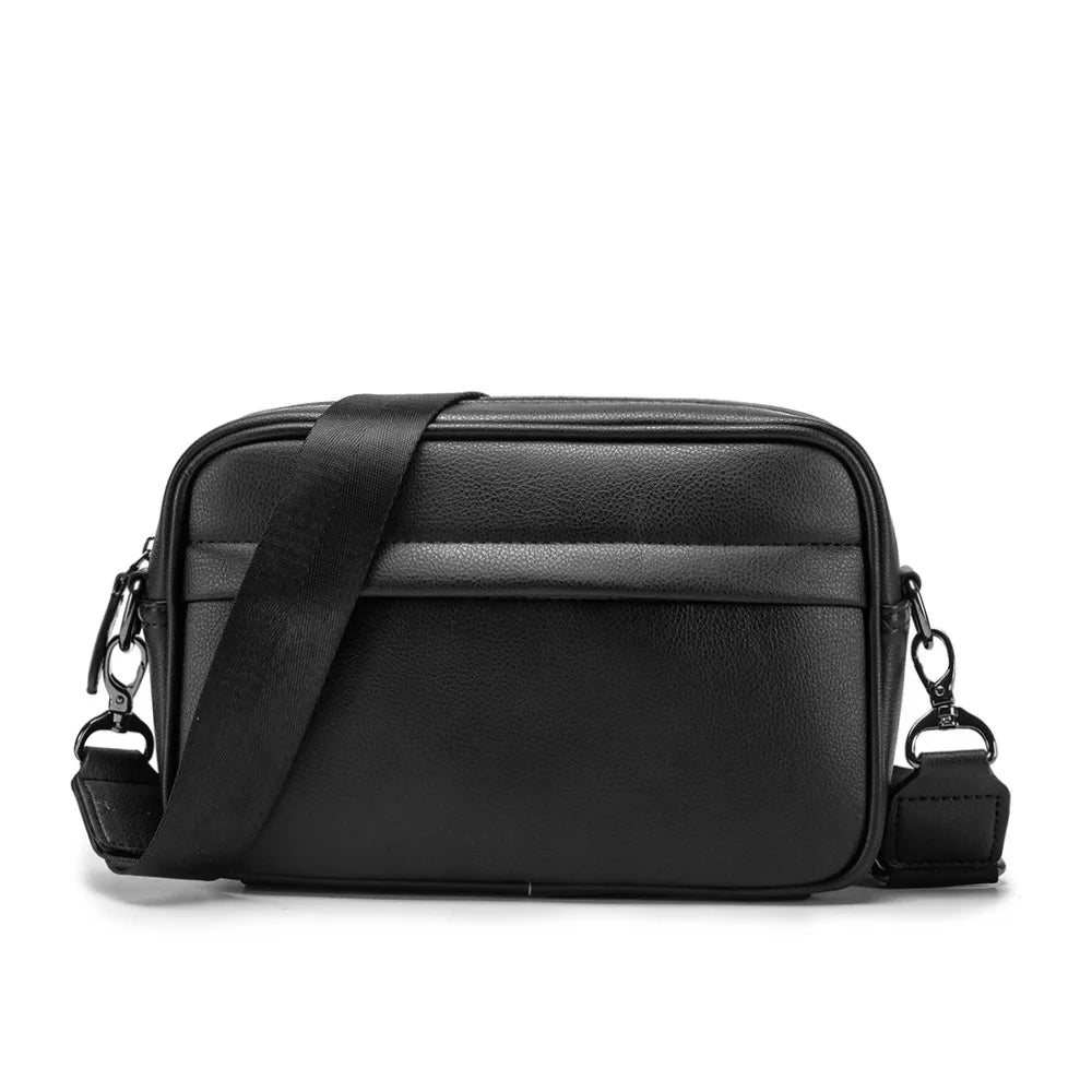 Black men's PU leather crossbody messenger bag with adjustable strap and hardware