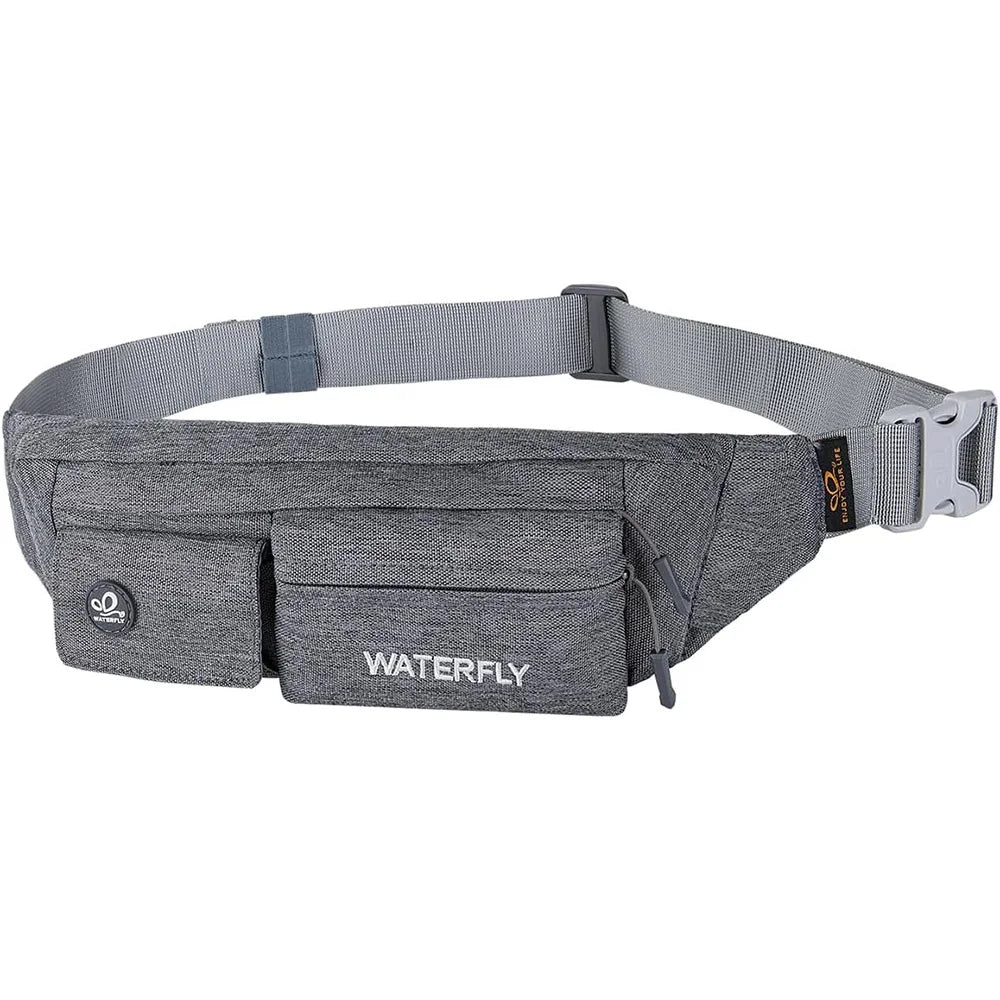 Gray waterproof waist bag with multiple pockets and a hidden security compartment