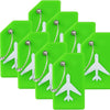 A set of five bright green silicone luggage tags with silver clasps and white airplane designs.