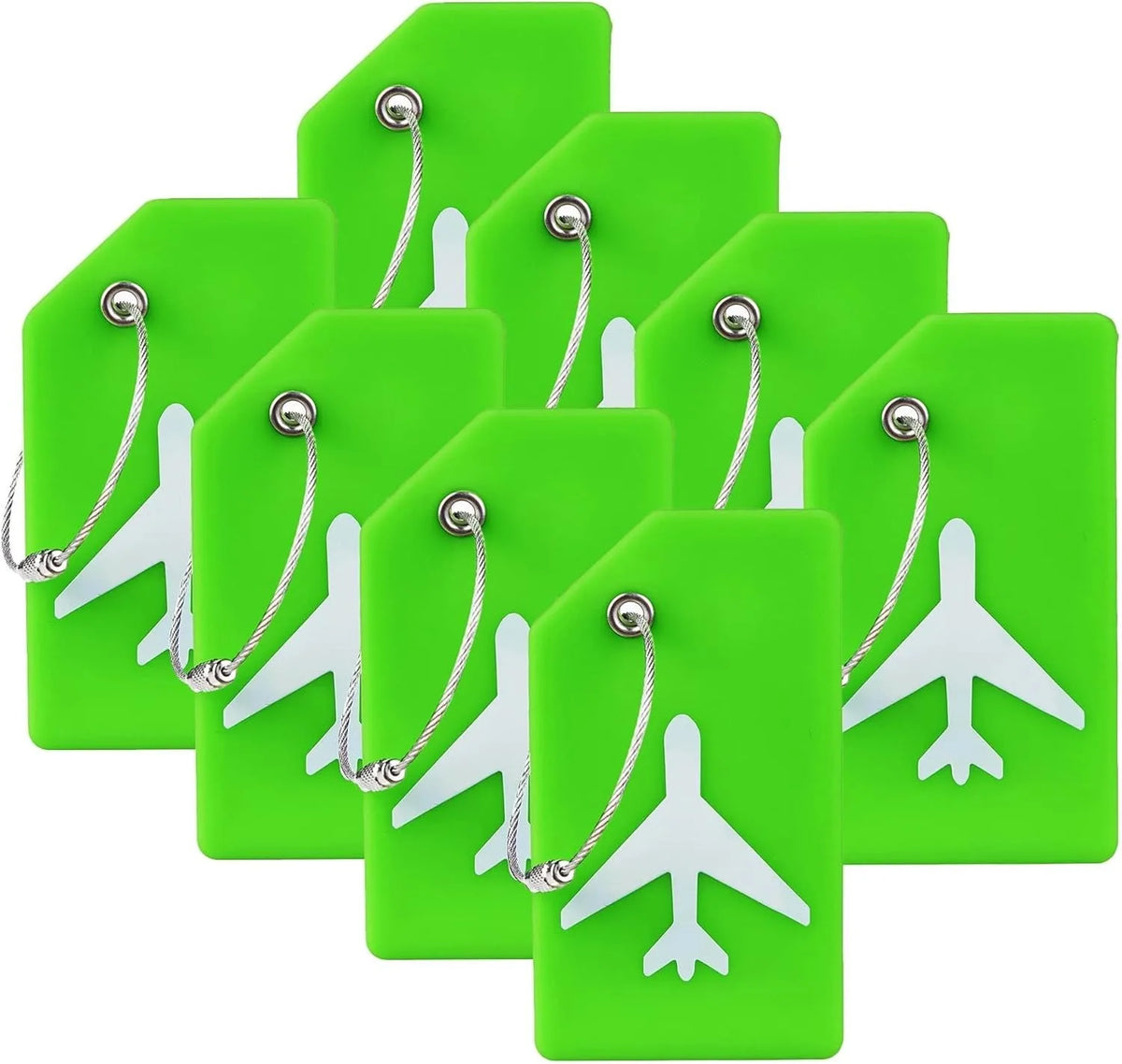 A set of five bright green silicone luggage tags with silver clasps and white airplane designs.