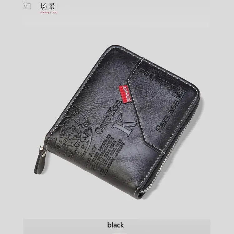 A black men's PU waxed oil leather bifold wallet shown from above.
