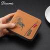 A hand holds a brown leather wallet with a zipper closure and coin pocket, featuring an embossed design.