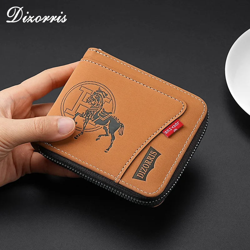 A hand holds a brown leather wallet with a zipper closure and coin pocket, featuring an embossed design.