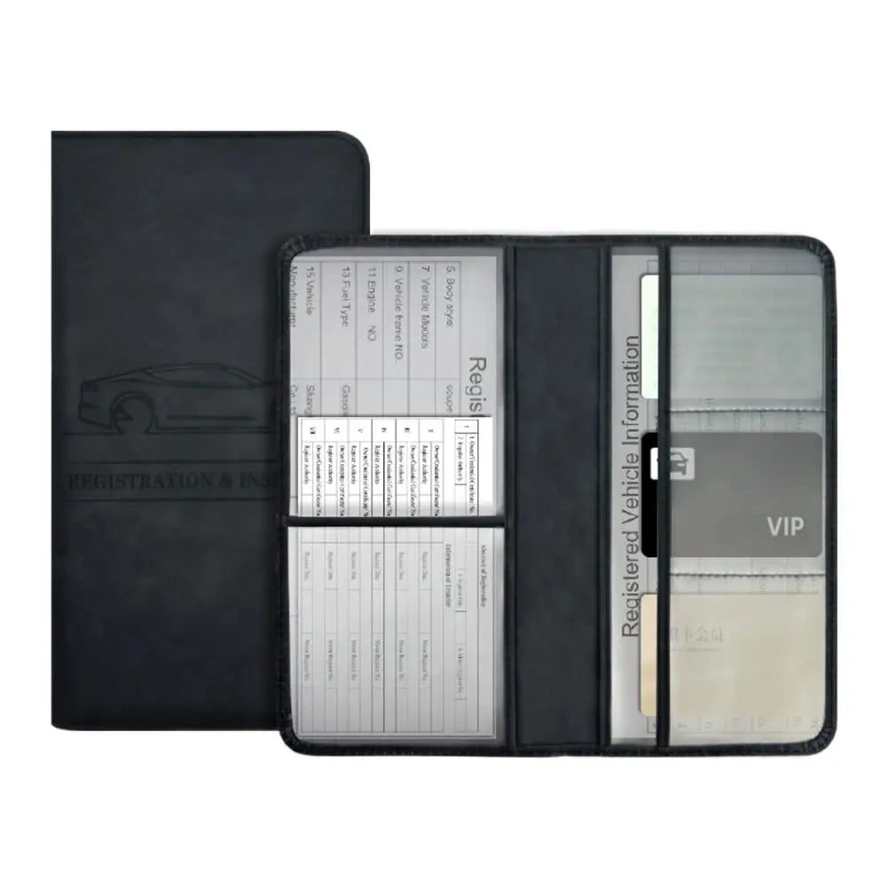 A black PU leather car document organizer with clear pockets and a VIP section.
