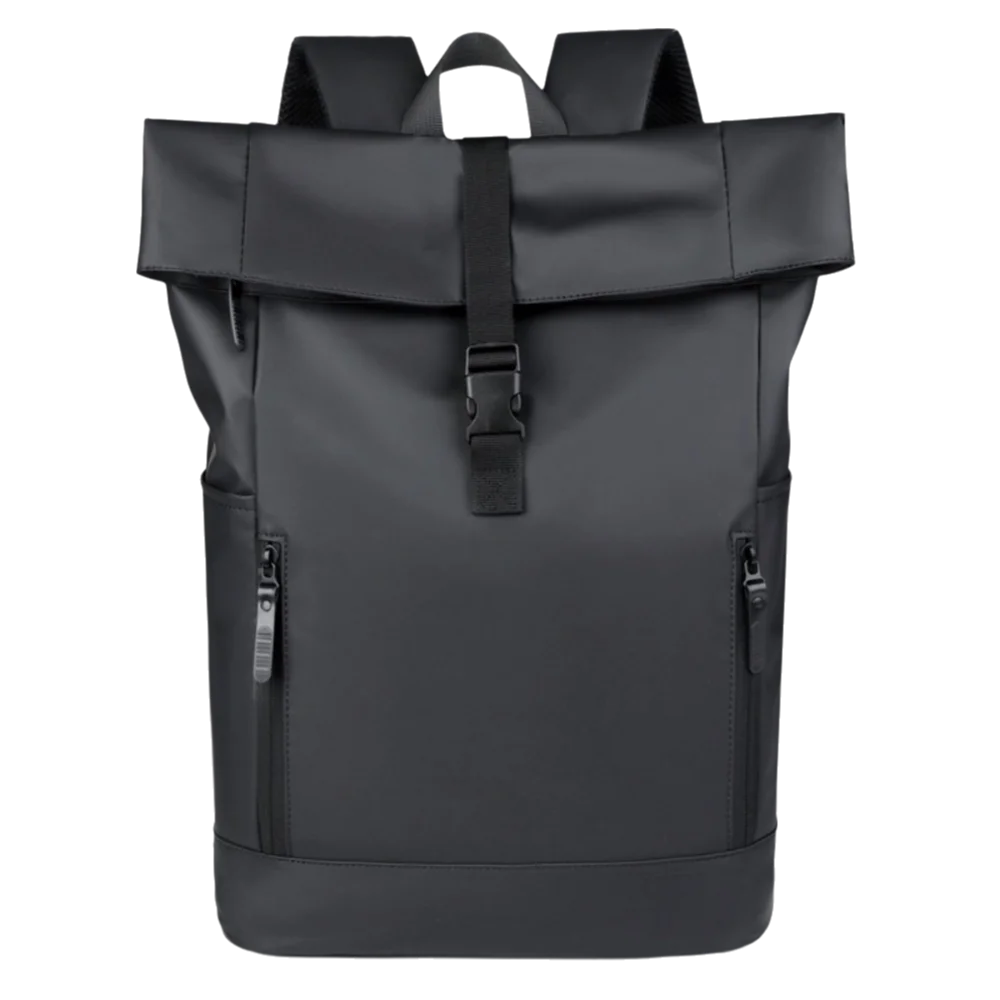 A black waterproof business laptop backpack with multiple compartments and a padded shoulder strap.