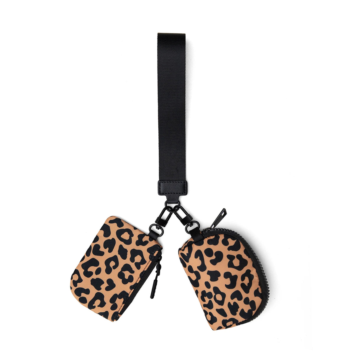 Black strap with a leopard print mini nylon zipper wristlet pouch for coins and essentials