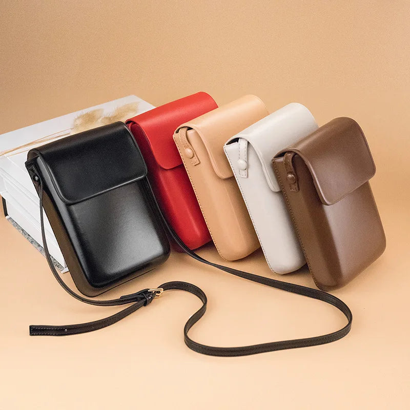 A collection of vintage PU leather crossbody bags in various colors including black, red, beige, white, and brown, displayed 