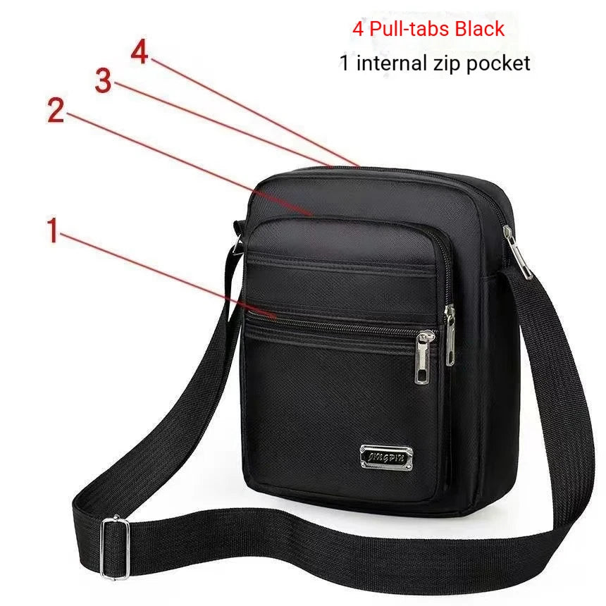 Sac de voyage extérieur noir à plusieurs couches avec quatre tirettes et une poche zippée interne