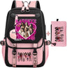 A pink and black canvas backpack featuring a graphic print of several girls.