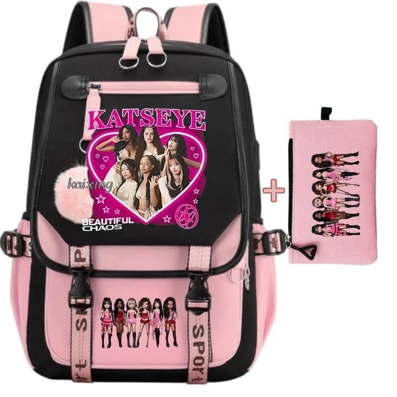 A pink and black canvas backpack featuring a graphic print of several girls.