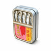 A portable metal storage box featuring a print of sardines.