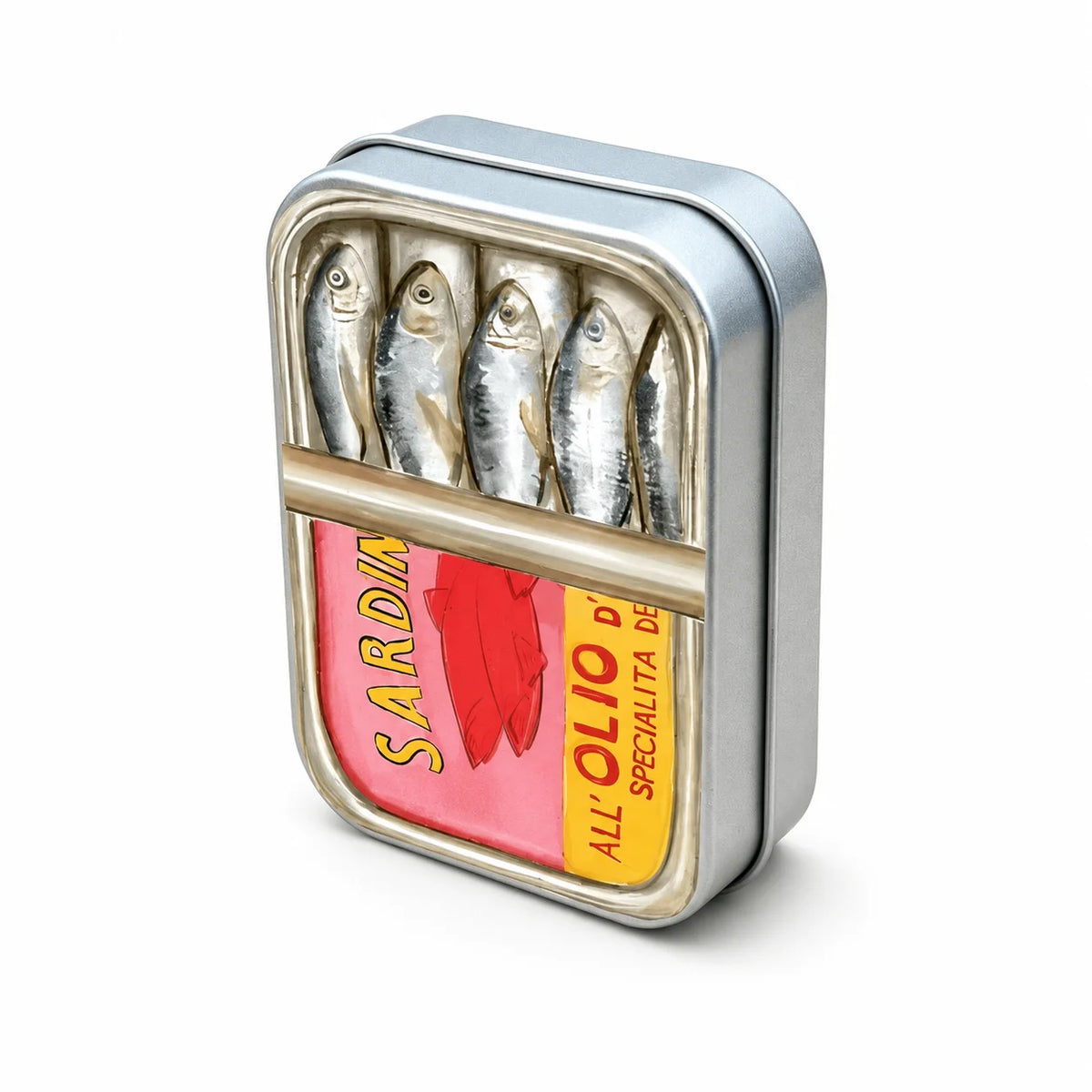 A portable metal storage box featuring a print of sardines.