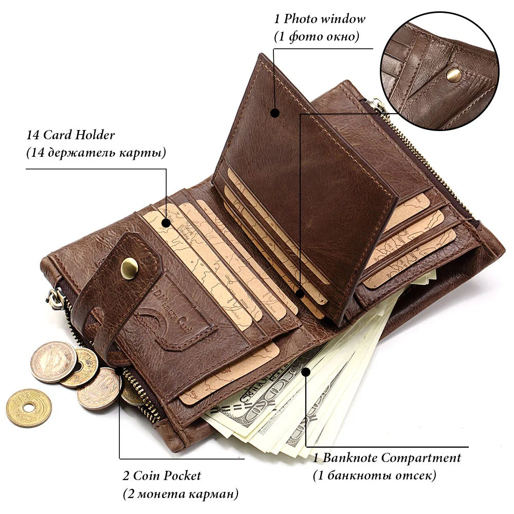 Braunes echtes Leder-Bifold-Wallet mit Kartenfächern, Münzfach und Banknotenfach.