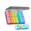 A clear weekly pill organizer with seven colored compartments for daily medication