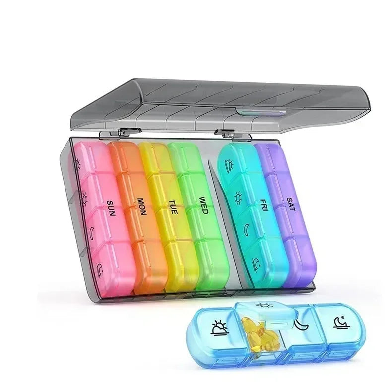 A clear weekly pill organizer with seven colored compartments for daily medication