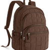 A brown quilted laptop backpack with adjustable straps and multiple compartments.