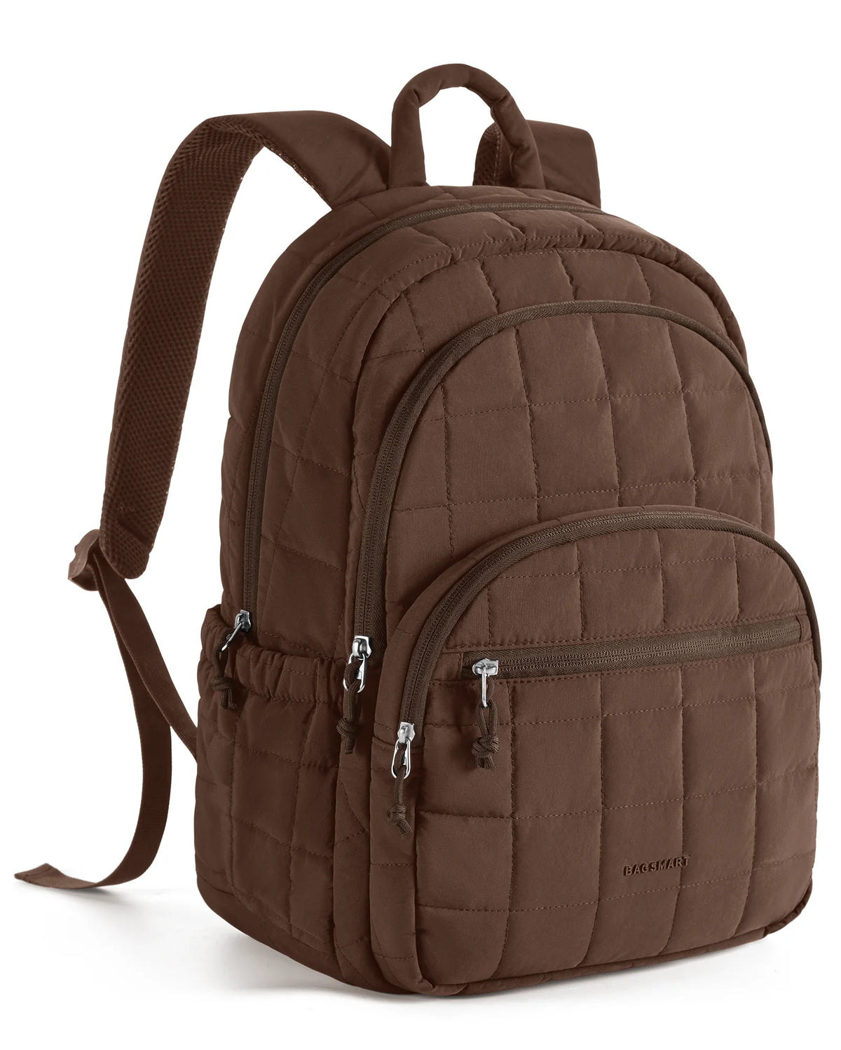A brown quilted laptop backpack with adjustable straps and multiple compartments.