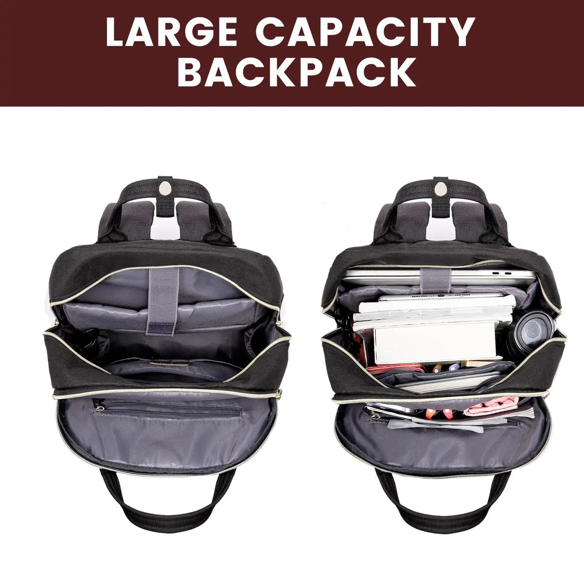 A large capacity black laptop backpack shown from the back view.