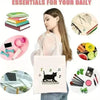 Essentials for daily life including notebooks, glasses, laptop, and various tools displayed around a canvas tote bag.