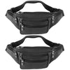 A black genuine leather adjustable waist bag with zippered compartments.