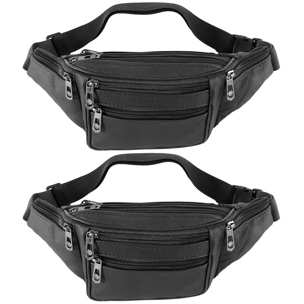 A black genuine leather adjustable waist bag with zippered compartments.