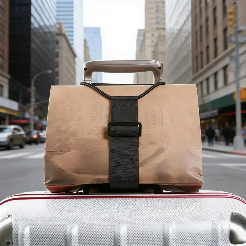 A tan heavy-duty nylon luggage strap is shown attached to a silver suitcase in an urban setting.