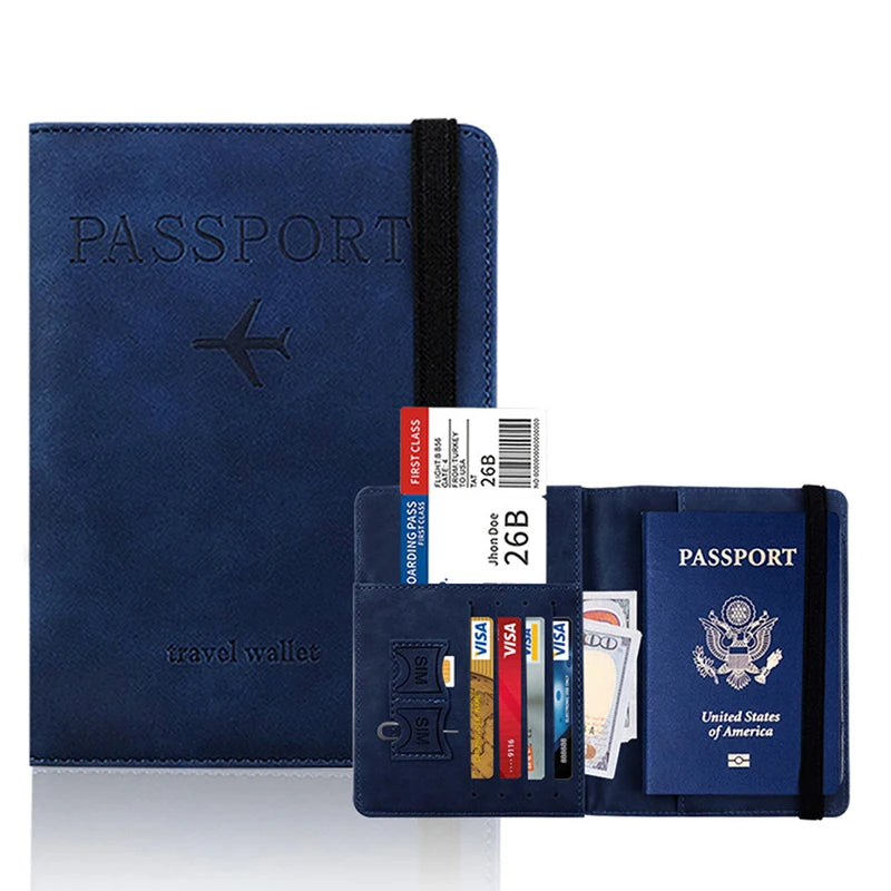 Dunkelblaue Multifunktions-Pass- und ID-Wallet-Hülle mit Reisepass und verschiedenen Karten.