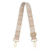 A beige and white chevron patterned nylon crossbody bag strap with gold-toned hardware.