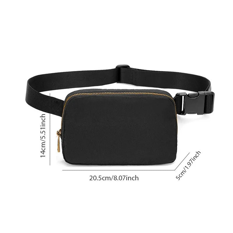 Black waist bag or fanny pack with a zipper and adjustable strap shown from the top.