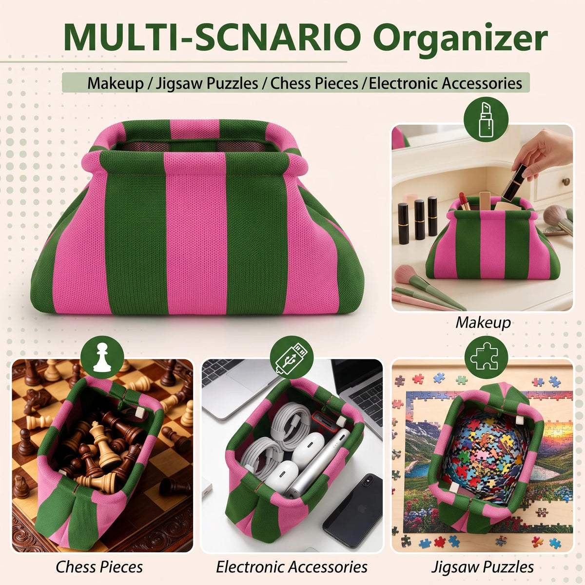 Multi-scenario organizer featuring striped knit storage bags for makeup, jigsaw puzzles, and chess pieces