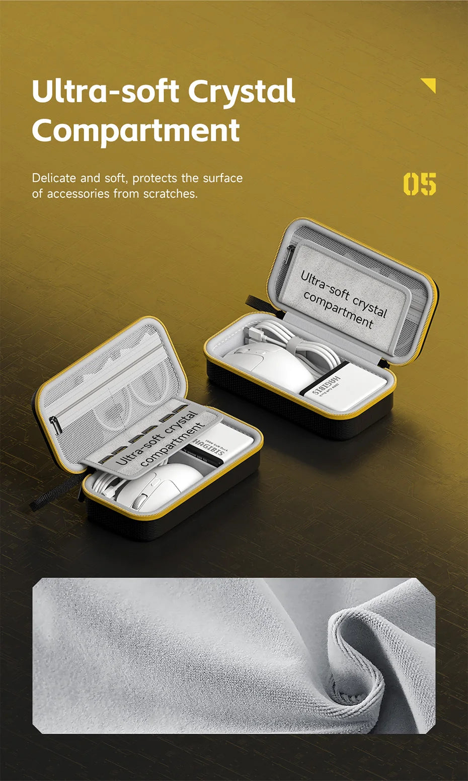 An open hard shell electronic organizer travel case showing an ultra-soft crystal compartment with accessories inside.