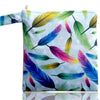 A reusable waterproof snack bag featuring a watercolor design of various colorful feathers on a light blue background.