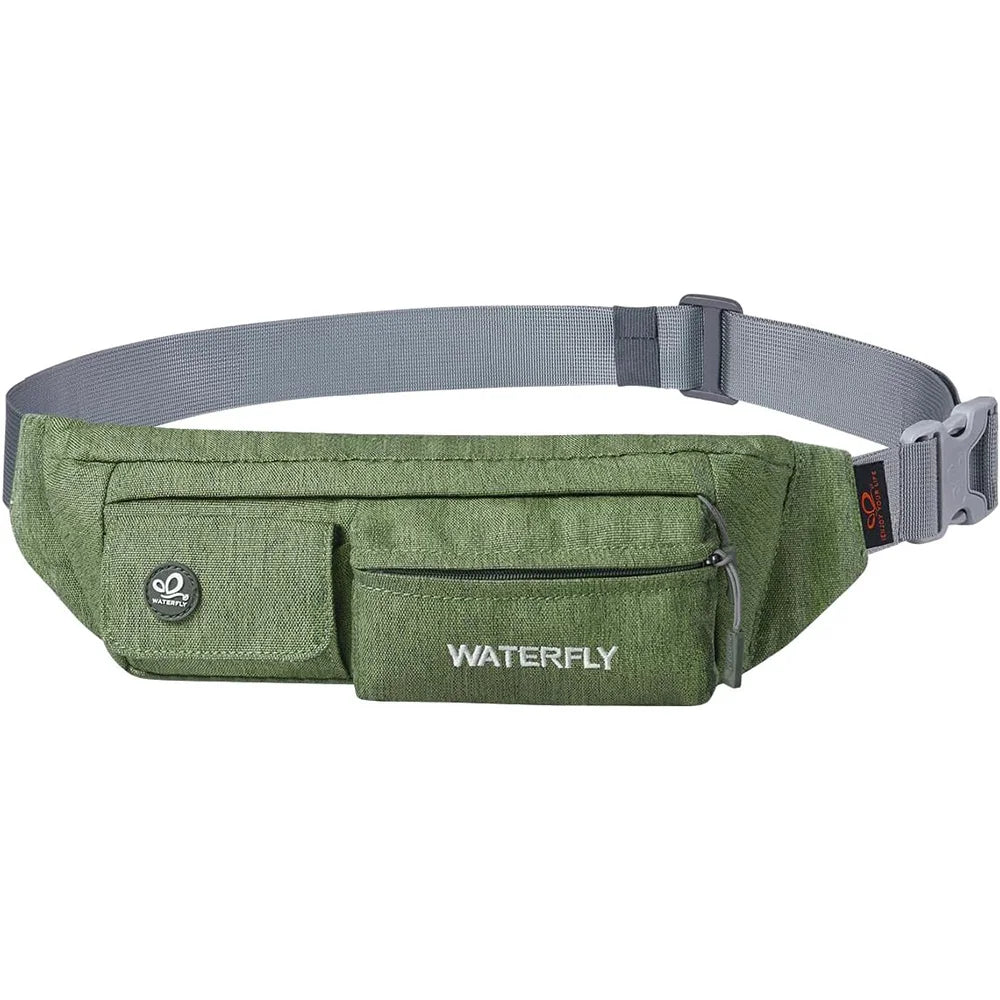 Olive green waist bag with a gray strap and a hidden security compartment.