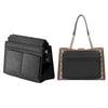 A black felt purse organizer with multiple pockets and a gold-toned strap is shown.