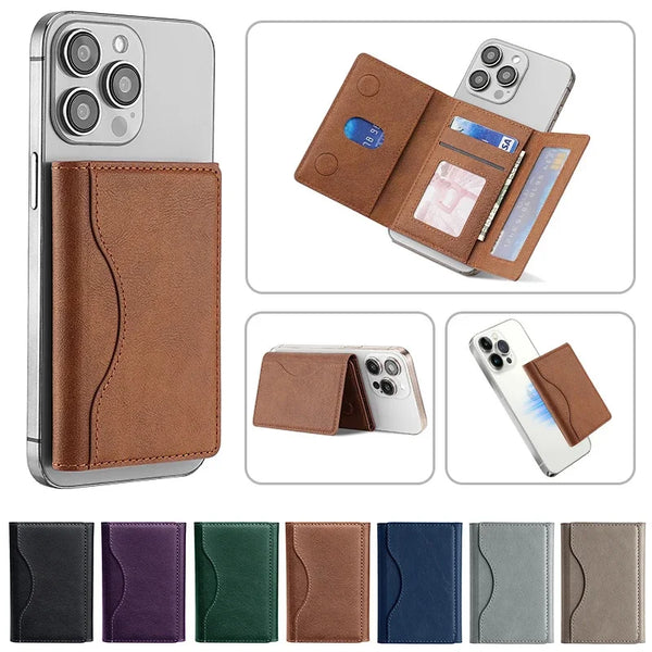 A magnetic leather card wallet for iPhone shown in various colors and angles.