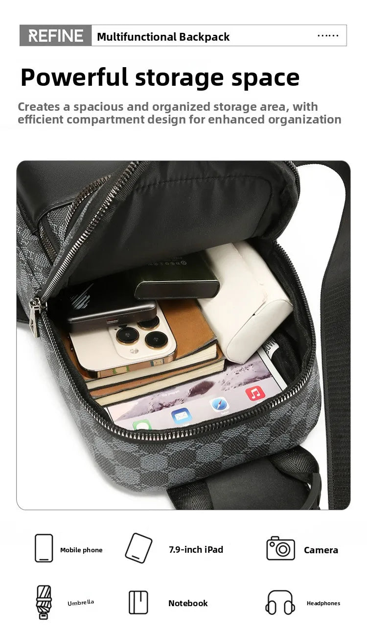 A black multifunctional backpack showing various compartments for electronics and accessories.