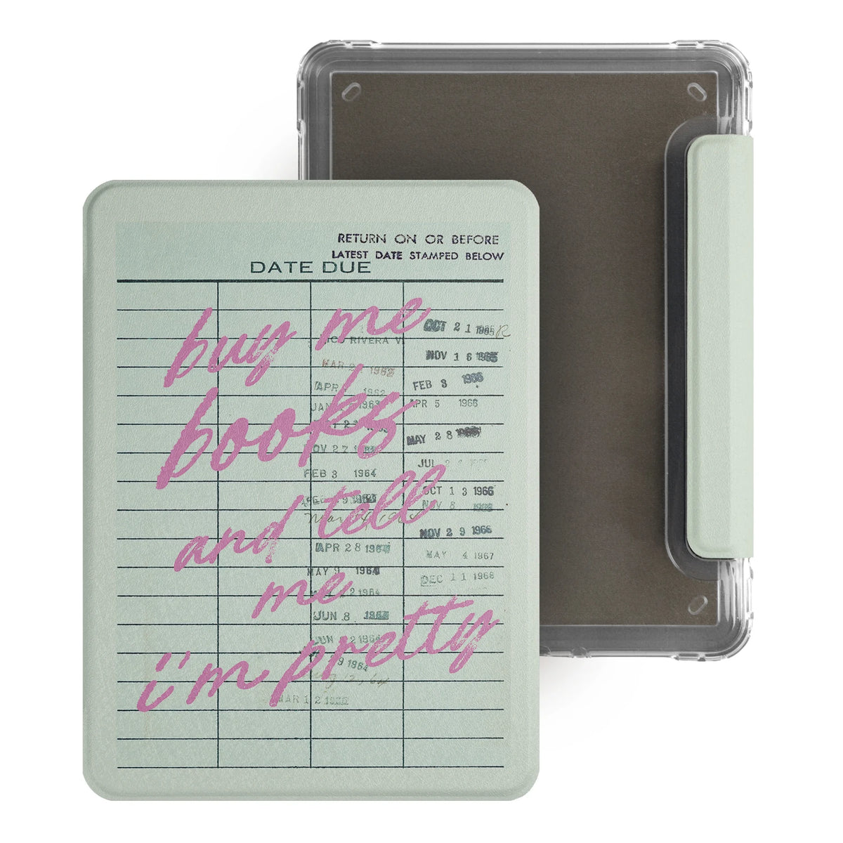 A vintage library card magnetic detachable cover for an e-reader, showing a handwritten list and dates.