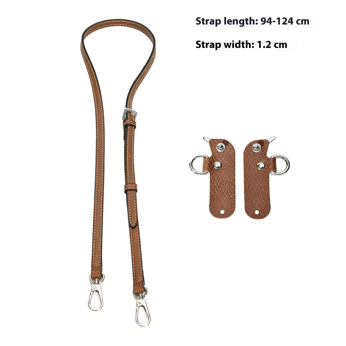 A set of brown leather adjustable strap lengths and metal hardware for mini bags.