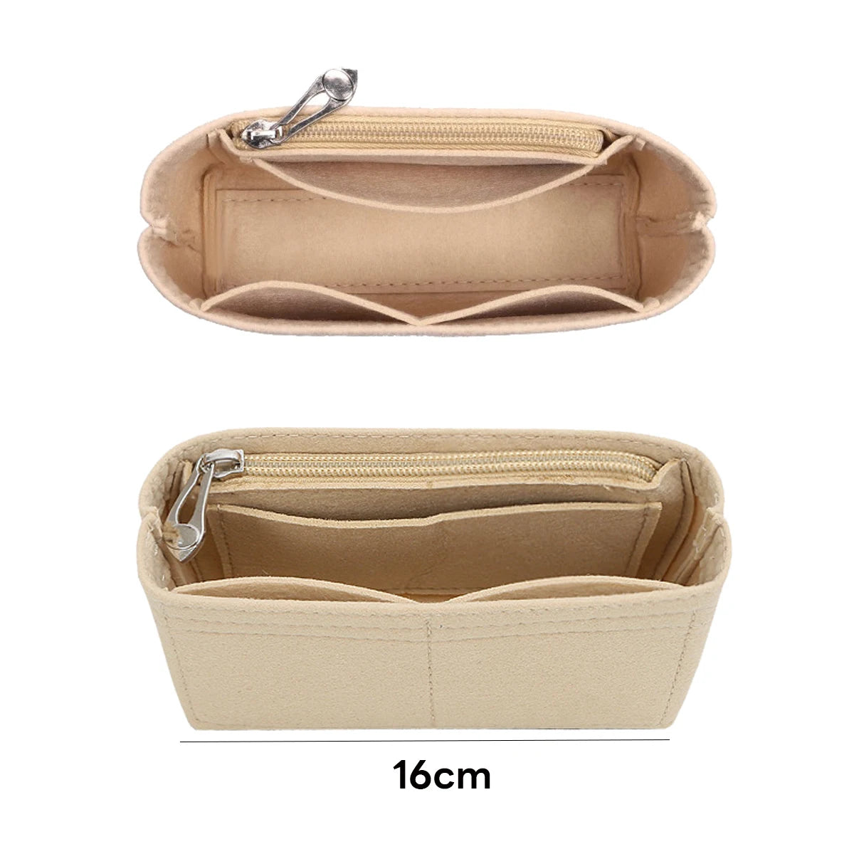 A light beige felt organizer insert for handbags, shown in two views.